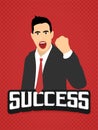 Success businessman dab dabbing expression flat vintage retro in red background lanscape