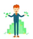 Success businessman standing front of money pile