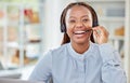 Success call center and customer service black woman consulting, communication and talking to contact us person. Happy