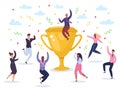 Success celebrating team. Jumping winners team celebrating victory, golden cup wins award, happy successful business Royalty Free Stock Photo