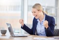 Success, celebration and business woman on a laptop at her desk in corporate modern office. Happy, celebrate and victory Royalty Free Stock Photo