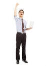 Success computer engineer is standing and raise his hand Royalty Free Stock Photo