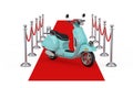 Success Concept. Blue Classic Vintage Retro or Electric Scooter on a Red Carpet with Barrier Rope. 3d Rendering