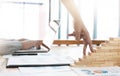 Success concept with business woman hand climbing wooden block stairs in  Business Concept Royalty Free Stock Photo