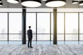 Success concept with businessman back view looking through panoramic window on city skyline with foggy background in stylish Royalty Free Stock Photo