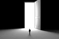 Success concept with businessman, Image of miniature businessman standing in front of open door on black wall background Royalty Free Stock Photo