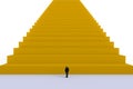 Success concept with businessman, Image of miniature businessman standing in front of yellow stair on white wall background