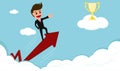 Success concept.businessman rides red arrow to trophy on cloud.