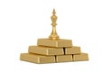 Success concept chess king and gold bars pile  isolated on white background. 3D illustration Royalty Free Stock Photo