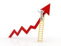 3d man standing with arms wide open on top of growth business graph with wood ladder isolated over white backgrou