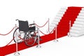 Success Concept. Empty Wheelchair on a Red Carpet with Barrier Rope in Front of Stairs Podium. 3d Rendering