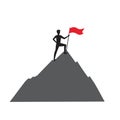 Success concept.A man with a red flag stands on top of a mountain. Symbol Winner.Number one. The climber conquered the Royalty Free Stock Photo