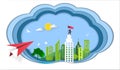 Success concept, Red plane flying on sky to architectural building with a flag on the top, Symbol of success, goal, achievements i