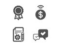 Success, Documentation and Contactless payment icons. Approve sign. Award reward, Project, Financial payment. Vector Royalty Free Stock Photo