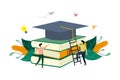 Success education, academy, knowledge. With small learner, graduation hat on pile of books concept vector flat illustration, Royalty Free Stock Photo