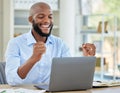 Success, excited and business man with laptop happy about profit and growth of stock market, investment or trading Royalty Free Stock Photo