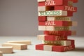 Success and fail. Wooden tower of blocks. Failure is like new step for success. Failure gives experience and makes you successful