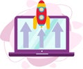 Success. Flat vector illustration. Launching a rocket from a laptop screen. Royalty Free Stock Photo