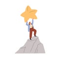 Success, goal achieving concept. Business woman winner with star standing on top of career peak, mountain cliff. Victory