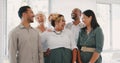 Success, happy or funny business people in an office building laughing at a funny joke after a group meeting. Diversity Royalty Free Stock Photo