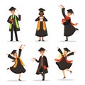 Success and happy students. Graduation in different countries. Vector characters