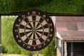 Success hitting target aim goal achievement concept background - three darts in bull& x27;s eye close up. red three darts Royalty Free Stock Photo