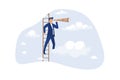 Success ladder for business opportunity, smart businessman climb up ladder look through telescope visionary.flat design modern