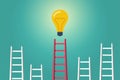 Success ladder to idea. Bright light bulb. Best choice