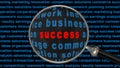Success lettering in a magnifying glass in front of a black screen filled with keywords from the business world