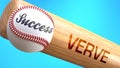 Success in life depends on verve - pictured as word verve on a bat, to show that verve is crucial for successful business or life