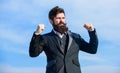 Success and luck. Man bearded optimistic businessman wear formal suit sky background. Optimistic mood. Think like