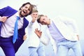 Success and meeting, agile business. happy man and twins guys in outfit, agile business, success Royalty Free Stock Photo