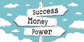 Success, money, power - outline signpost with three arrows Royalty Free Stock Photo