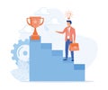 success motivation concept, Businessman holding trophy cup standing on the stair Royalty Free Stock Photo