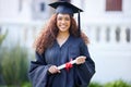 Success, portrait of college student and on graduation day at her campus outside with her certificate. Achievement