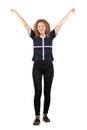 Success positive emotions, freedom concept. Full length portrait of happy teen girl, curly hair, lifting hands up looking to Royalty Free Stock Photo