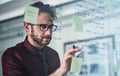 Success in progress. a young businessman brainstorming with sticky notes on a glass wall in a modern office. Royalty Free Stock Photo