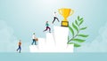 Success race business competition with big gold trophy on hill stairs with modern flat style - vector