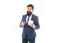 Success and reward. boxing day. Delivery company business. presenting product. businessman in suit on party. bearded man