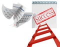 Success seal on a calendar and flying pages isolated background and text - 3d rendering