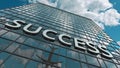 SUCCESS signboard on a modern skyscraper reflecting flying airplane. 3D rendering