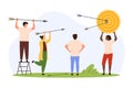 Success strategy to reach objective business goals, tiny people throw arrows at target Royalty Free Stock Photo