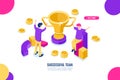 Success team isometric icon, business solutions, victory celebration, happy business people cartoon flat, financial