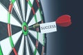 Success text on dart on bullseye of a dart board