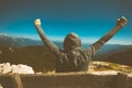 Success, triumph and victory. Victorious female person on mountain Royalty Free Stock Photo