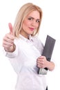 Success woman thumbs up for Agreeing - Stock Image