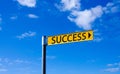 Success Yellow Road Sign Against Blue sky and clouds. Royalty Free Stock Photo