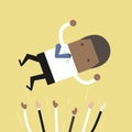 Successful African businessman being throwing up in the air by his colleagues, for winner or success business concept.