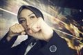 Successful and aggressive young muslimah businesswomen over abstract double exposure background Royalty Free Stock Photo