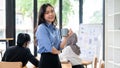 A successful Asian businesswoman stands in front of the meeting with a coffee cup in her hand Royalty Free Stock Photo